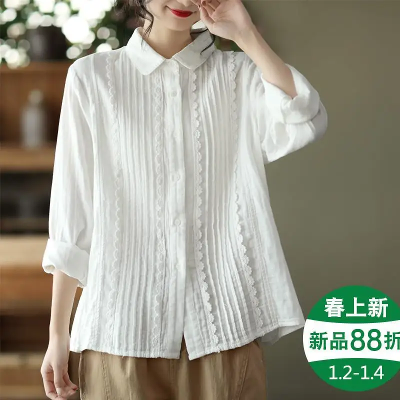 

Sweet Lace Double-layer Cotton Yarn Long Sleeved Shirt For Women In 2026 Spring Loose Casual Top