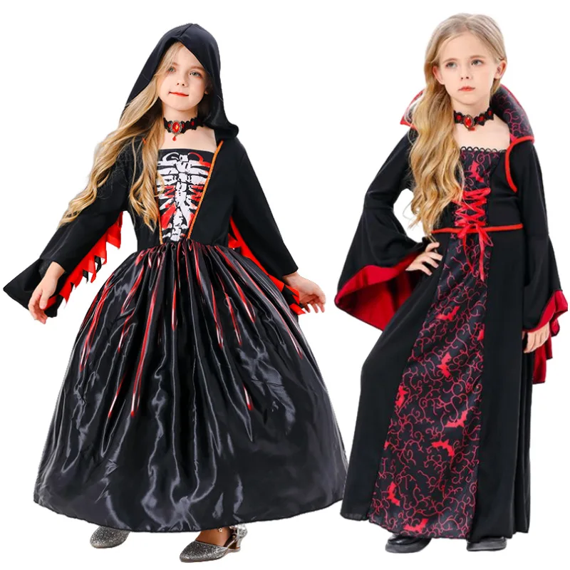 Pakaian Cosplay Vampir Gotik Kostum Halloween Hitam untuk Anak Perempuan Gaun Penyihir Antik Gaun Bertudung Anak-anak Tema Horor Pesta Karnaval