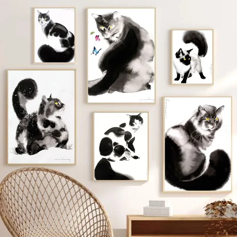 Animal Posters Black and White Ragdoll Siamese DragonLi Cat Prints Canvas Painting Wall Art Pictures for Living Room Home Decor