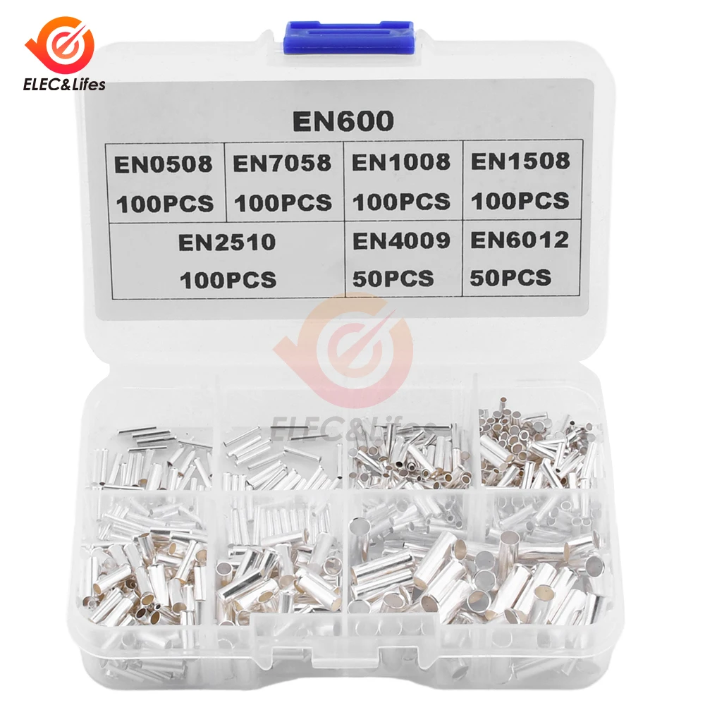 600Pcs 0.5mm2-6mm2 22-10 AWG Non-Insulated Wire Connector Ferrules Electrical Cable Terminal Copper Bare Tinned