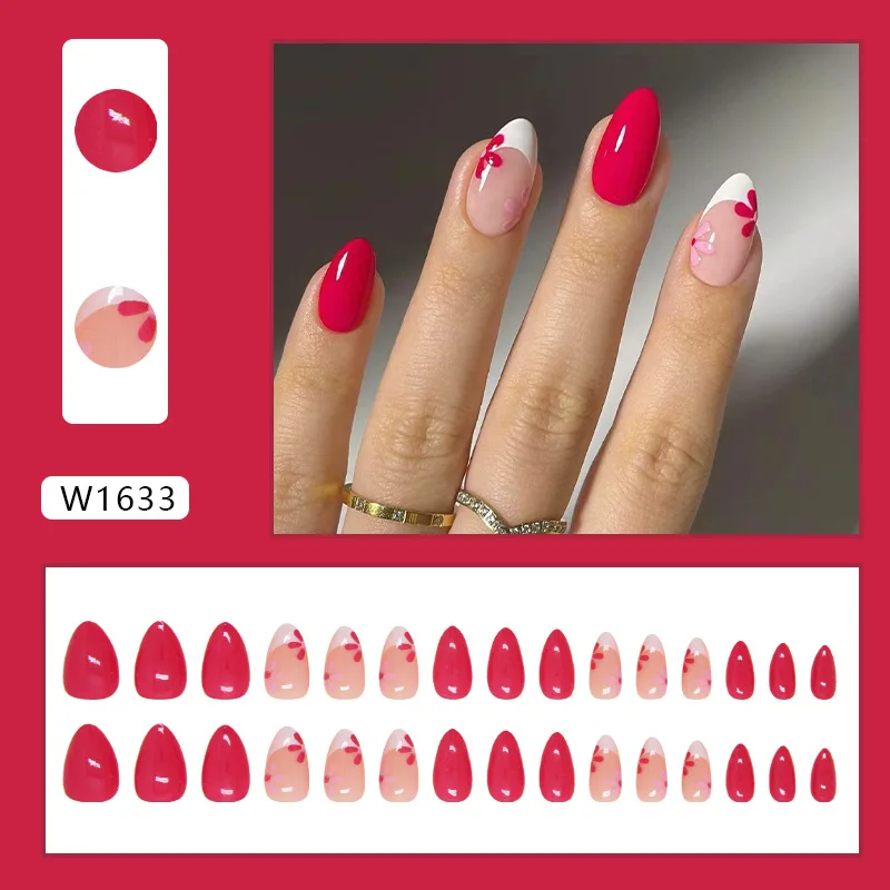 24pcs Press on Nails Pure Color Rose Red French Flower False Nail for Women&Girl Short Almond Removable Wearable Nail Daily Wear
