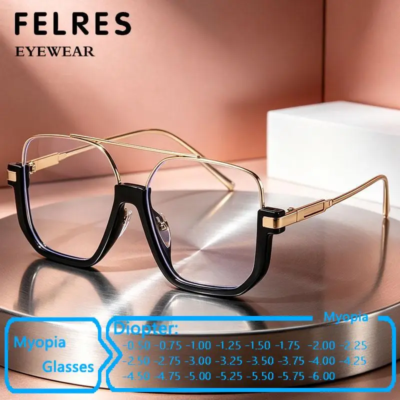 New Metal Square Large Frame Myopia Glasses Women Clear Anti Blue Light Nearsighted Eyewear Customized Negative Strength Lenses