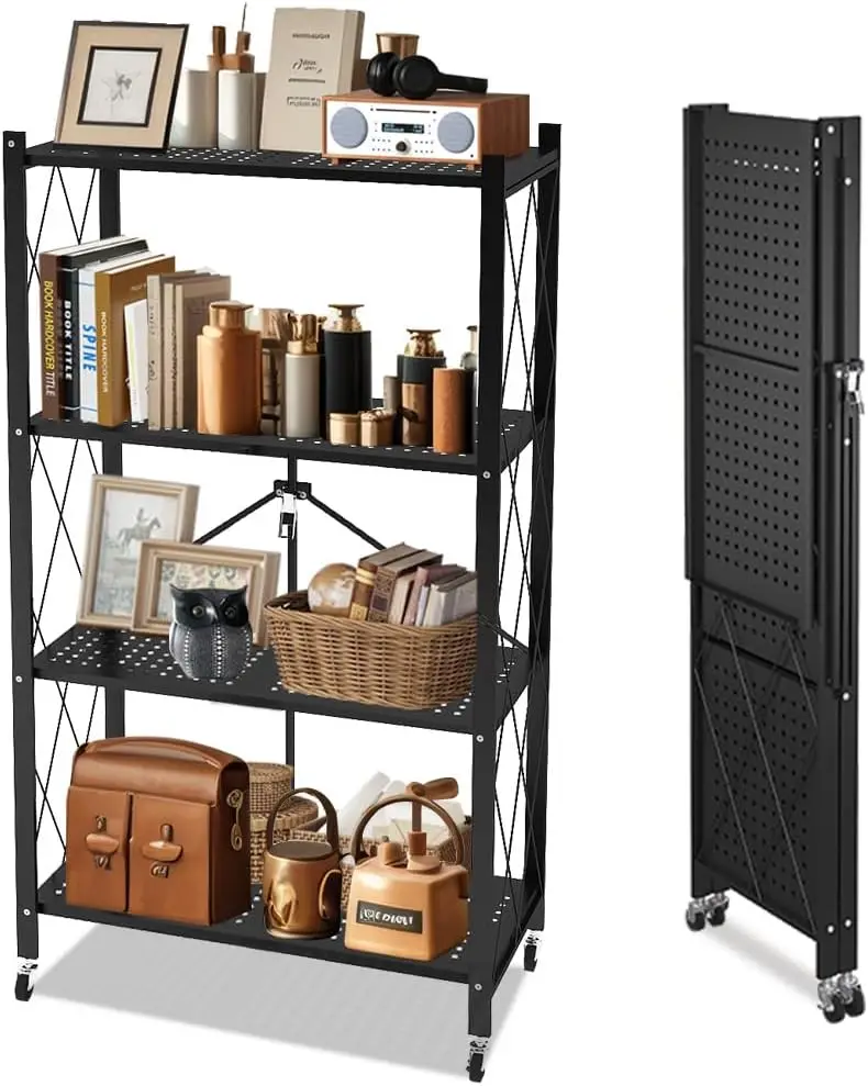 

4-Tier Foldable Storage Shelves, Kitchen Storage Ra With Wheels, Metal Collapsible Shelf, Sturdy Shelving Unit, Bookshelf,