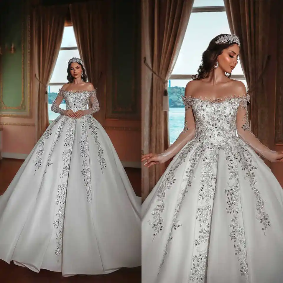 

Vintage A Line Women Wedding Dress Appliques Crystal Bridal Gowns Off Shoulder Long Sleeves Sweep Train Dress Custom Made