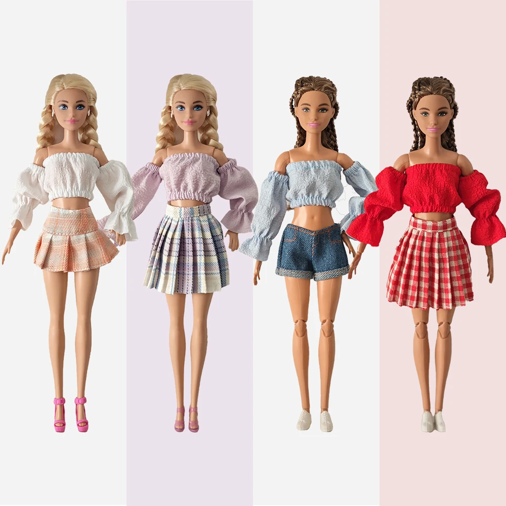 Puppenkleidung, vierfarbige Blasenärmel, kurzer Rock, Jeansshorts, Faltenrock, Alltagskleidung, Accessoires, Kleidung für Barbies-Puppe