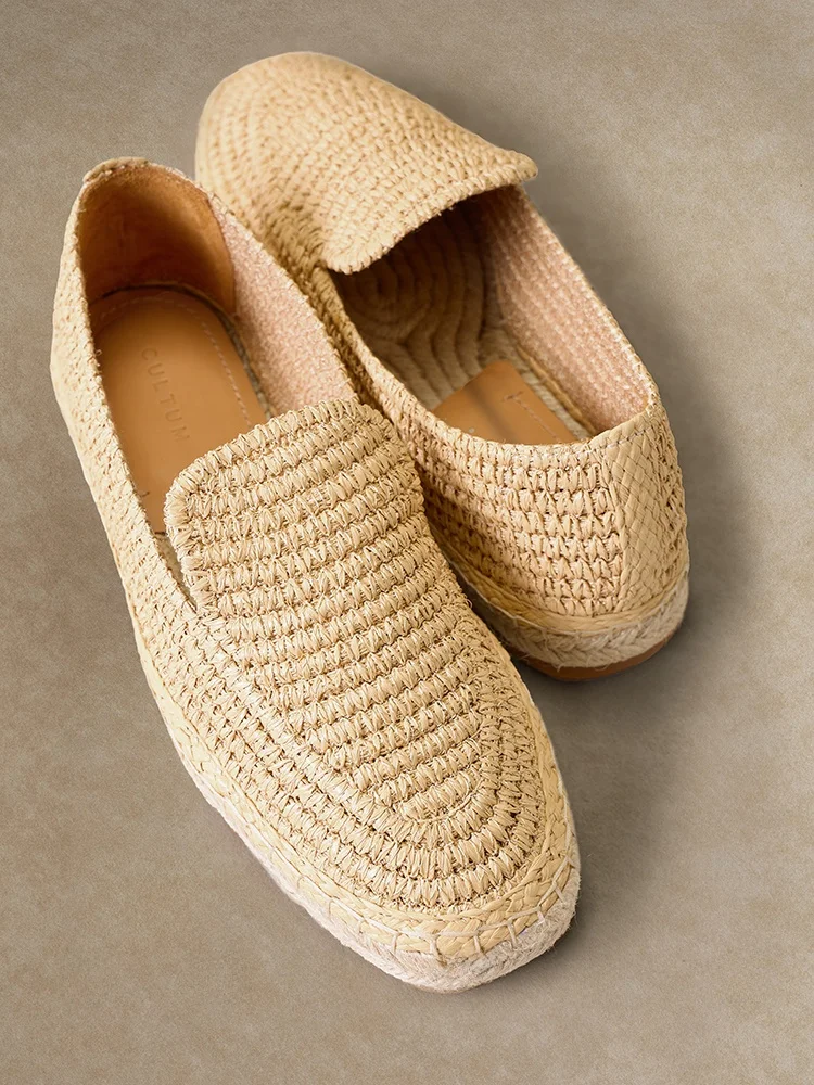 Natural Laffey Grass Woven Breathable Fishing Shoes Men's Casual Versatile Slip-On Shoes Comfortable Rubber Sole round Toe