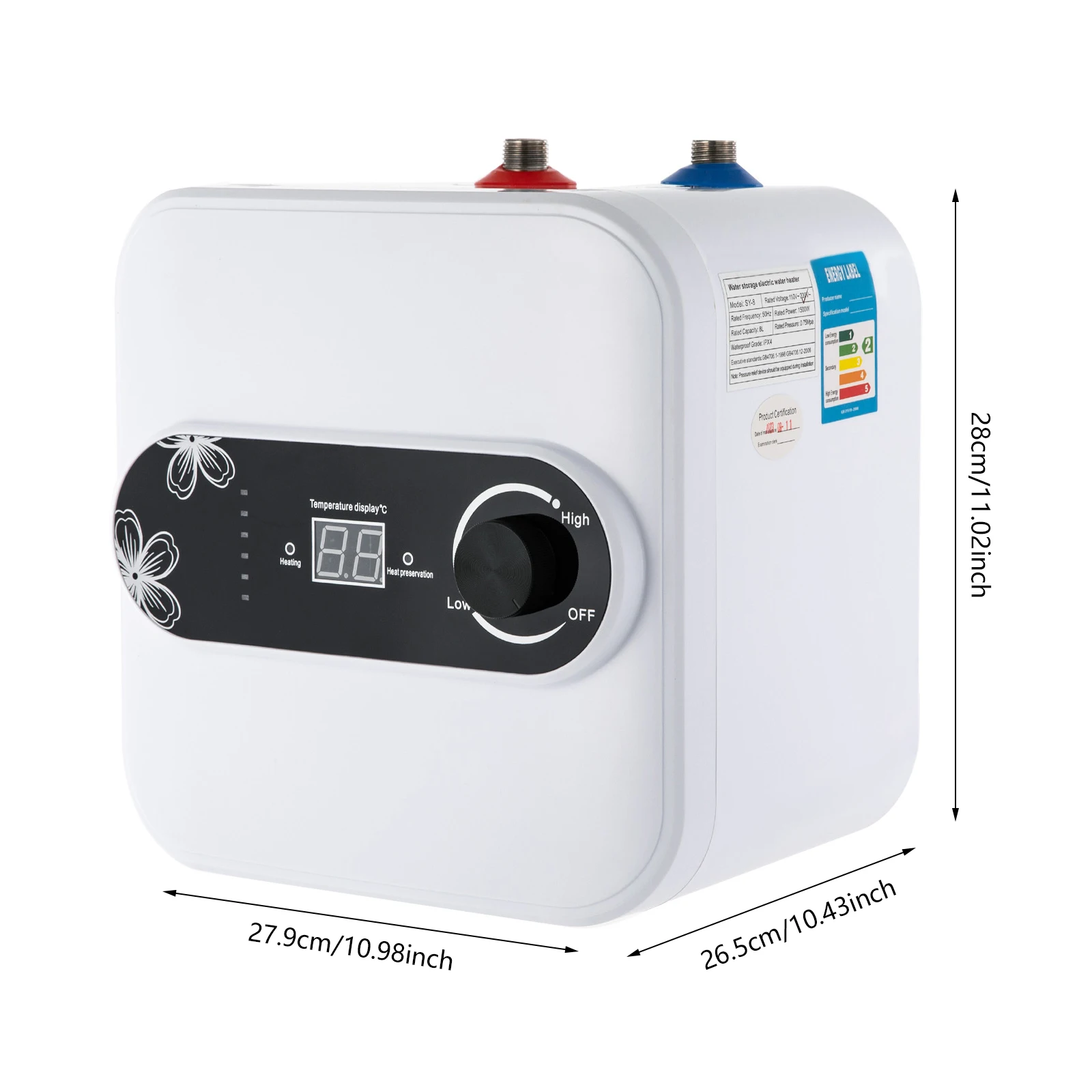 Chauffe-eau électrique 220V 1500W, chauffage rapide, capacité 8L, plage de température 30-65 ° C/86-149 ℉   Haute sécurité réglable