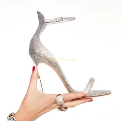 Sandali con tacco a lama lucido Glitter strass cinturini singoli Open Toe cinturini alla caviglia fibbia Hollow Sexy Summer Women Design Shoes