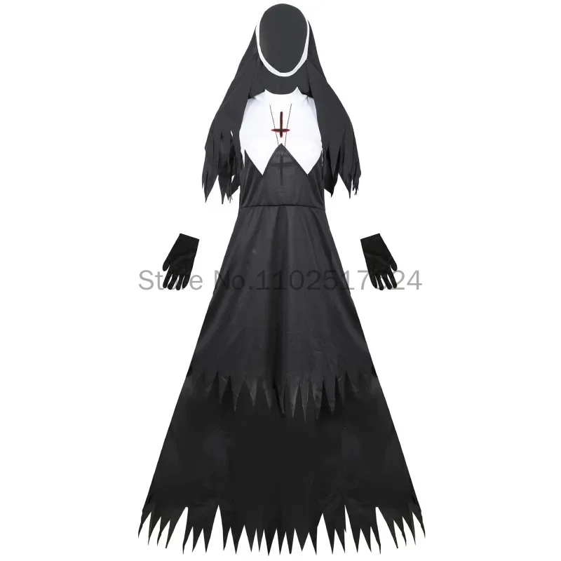 Halloween Nun Costume for Women 4-Pcs Mother Cosplay Dress Scary Nun Outfit Priest Dress Up Party Role Play Cosplay