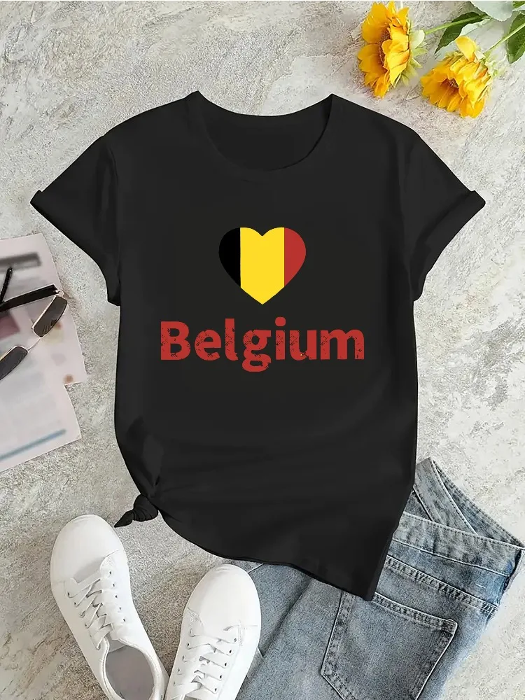 Belgium Heart Flag Print Womens Fashion T-Shirt Round Neck Short Sleeve Minimalist Casual Sports T-Shirt Comfortable Holiday Top