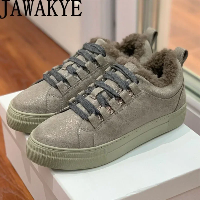 Winter Brand Fur Shoes Casual Sneakers Round Toe Thick Sole Real Suede Leather Oxfords Winter Warm Fur Shoes Women Mujer