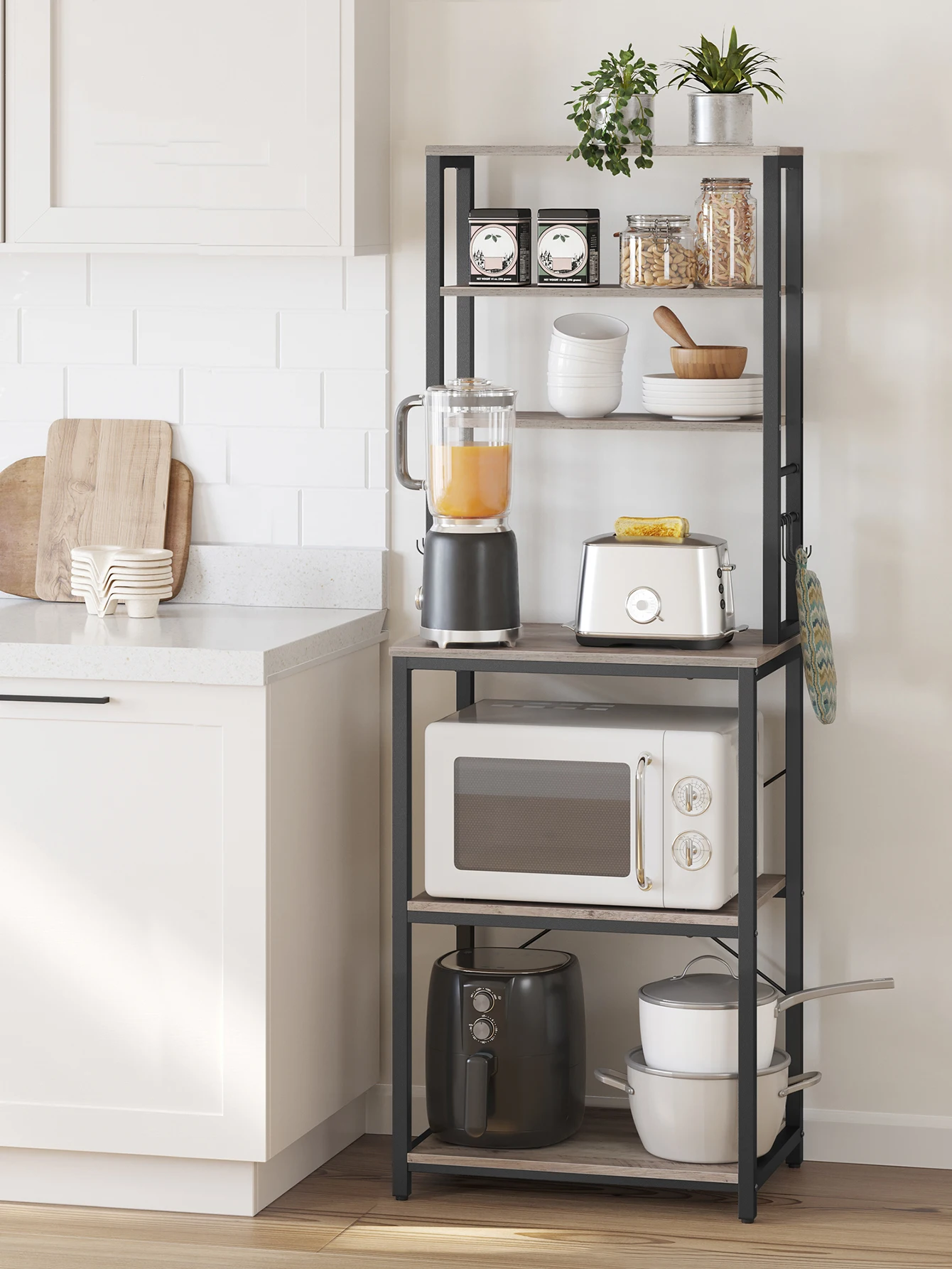 VASAGLE Portaoggetti da cucina, Coffee Bar, Porta panettiere, 6 ripiani, 6 ganci, struttura in acciaio, stile industriale, 40 x 60 x 167 cm