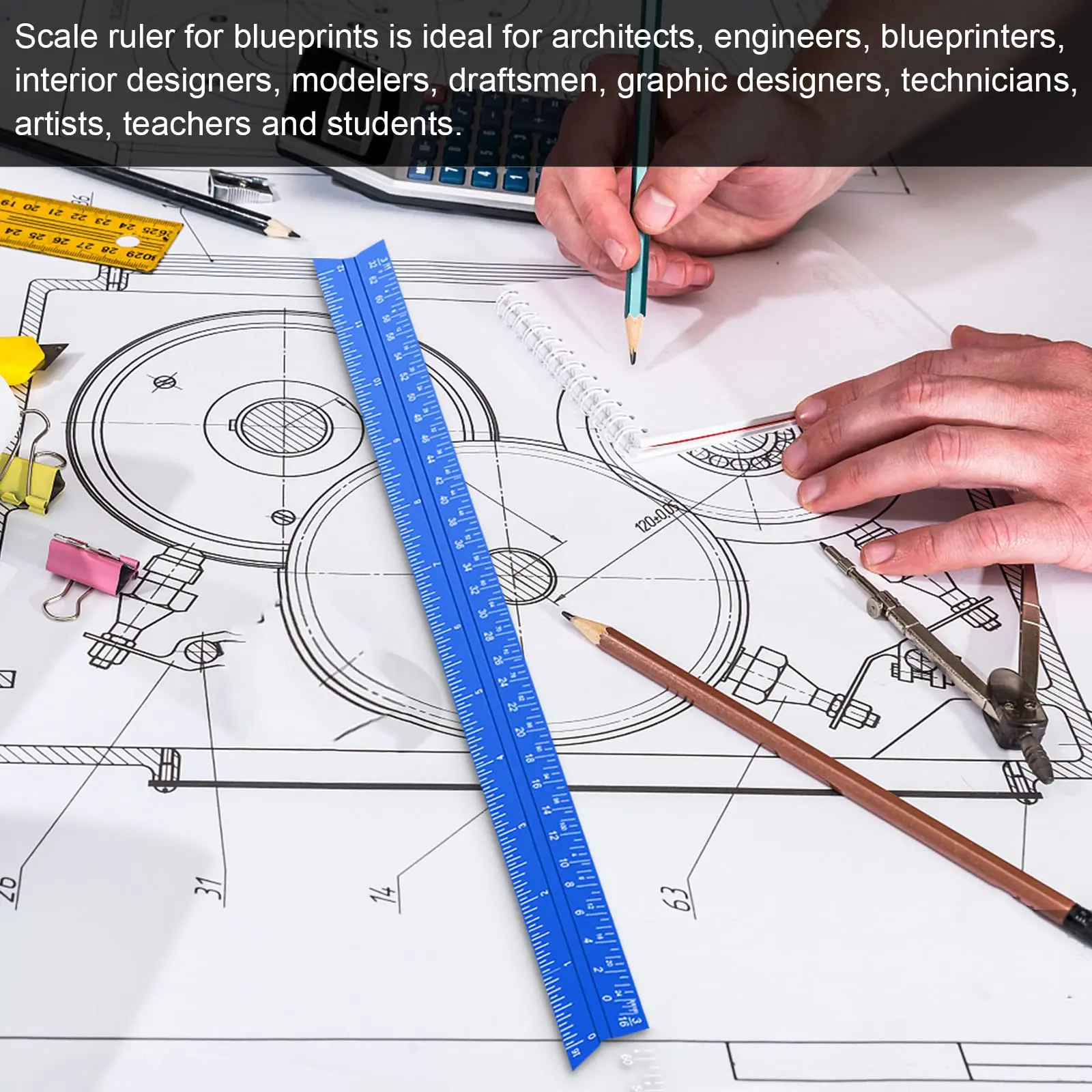 Architectural Scale Ruler, 12'' Imperial Architect Scale, Engineer Scale Ruler for Blueprints, Aluminum Triangle Drafting Ruler