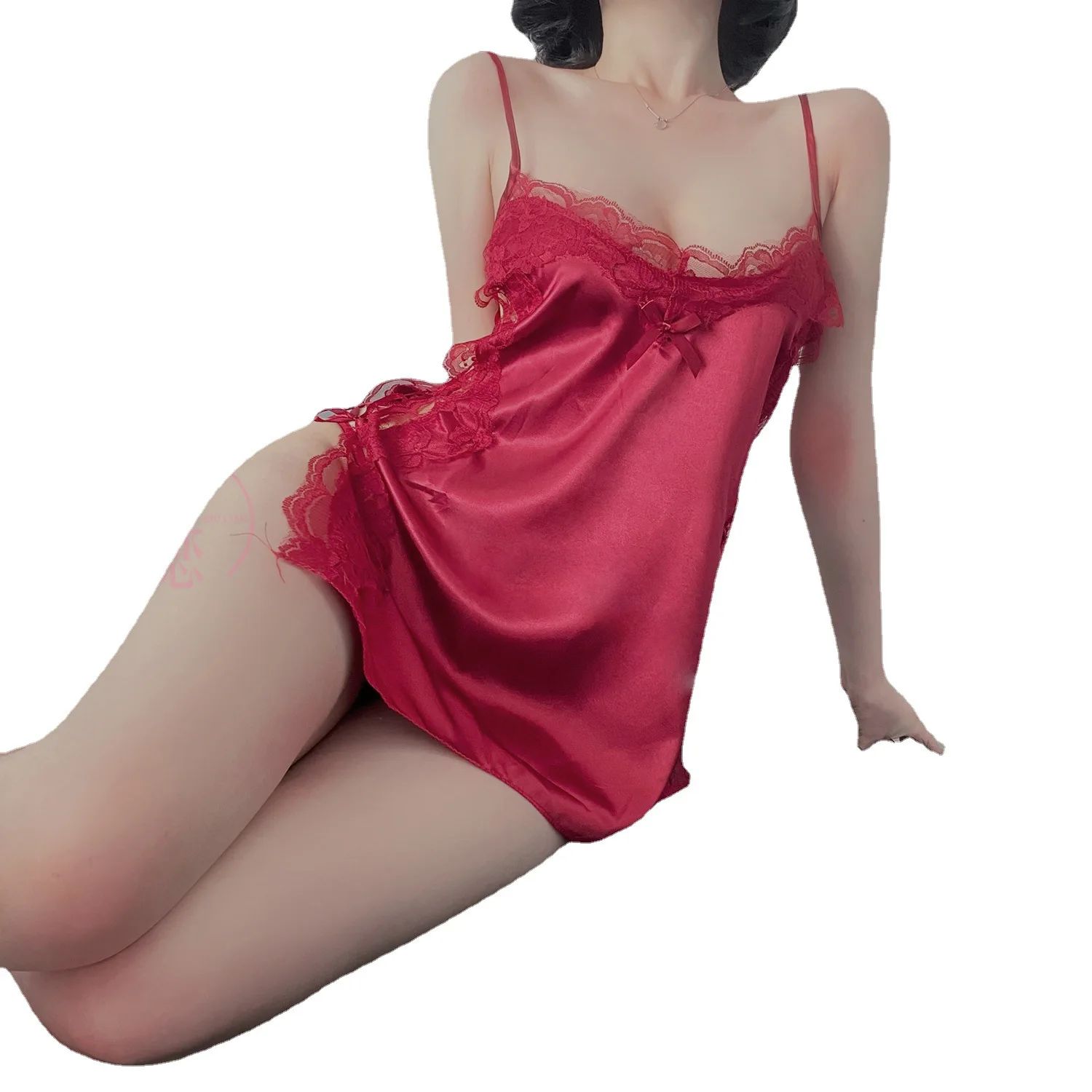 

Korean Thong Satin Lace Split Fork Hollow Suspender Skirt Set Nightdress Lingerie Babydolls