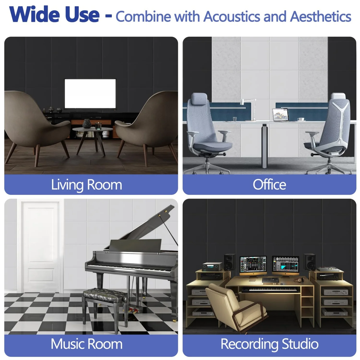 Paneles Acústicos Cuadrados HERTBER, Paquete de 12, Autoadhesivos, Azulejos de Pared Absorbentes de Sonido para el Hogar, Estudio u Oficina, Fácil Instalación