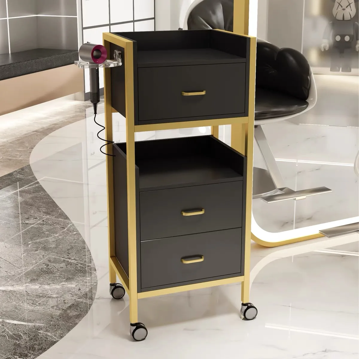 Modern Gold Barber Chair Set Salon Furniture Wood Trolley Hairdressing Fashionable Beauty Shop Tool
