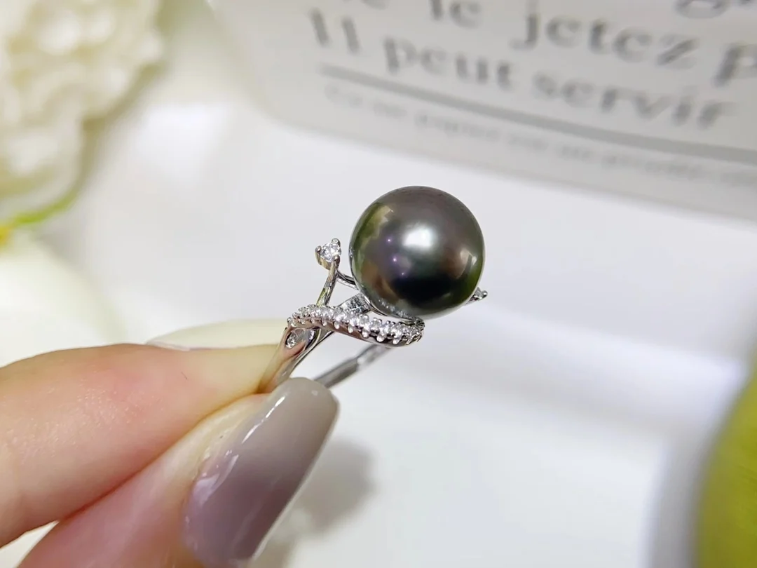 JCY Ocean Pearls Rings Fine Jewelry Pure 925 Sterling Silver Natural Ocean Tahiti Black Pearl 12-13mm Female's Rings