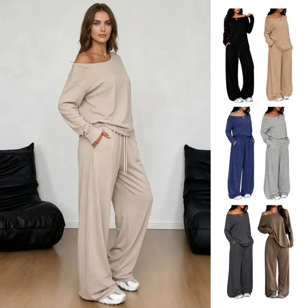 Women Two Piece Outfits Women’s Off Shoulder Sweatshirt Set Long Sleeve Top Wide Leg Trousers Solid Color Lounge for Spring.