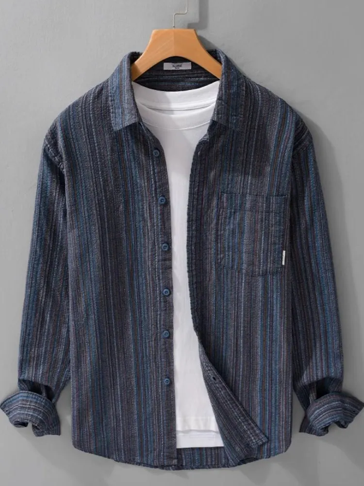 เสื้อเชิ้ตผู้ชายทรงหลวม แขนยาว สไตล์วินเทจ ลายทางญี่ปุ่น สีสันทันสมัย สำหรับฤดูใบไม้ร่วง แบรนด์ Tagkita สำหรับวัยรุ่น