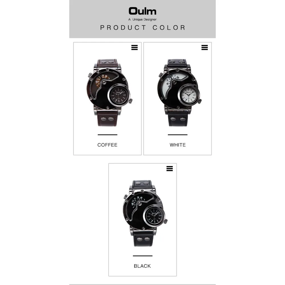 Oulm Brand Fashion Men\'s Watch Dual Time Zone Quartz Movement  Unique Design Male PU Leather Strap Wristwatch Reloj Hombre Gift