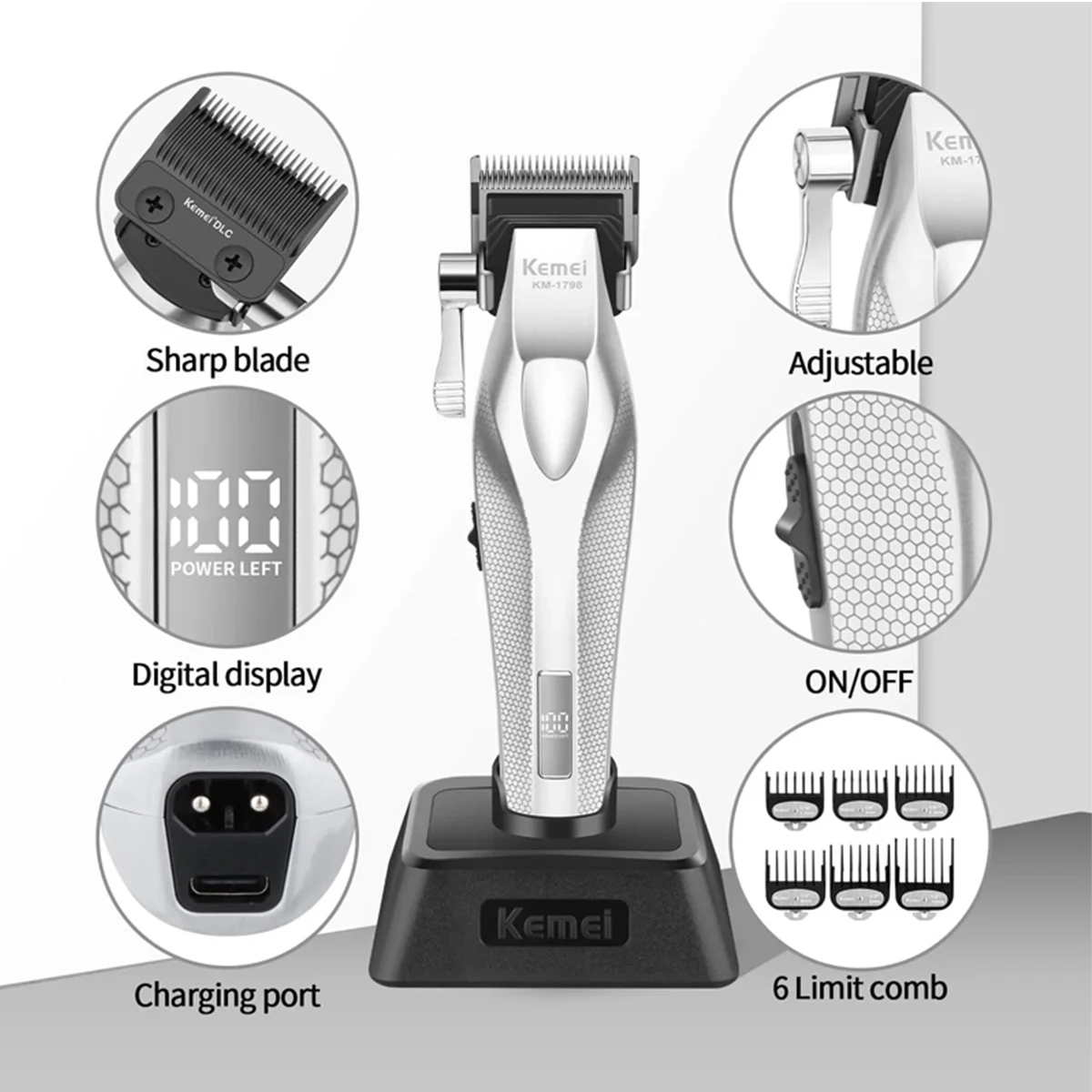 Kemei Hair Clippers Professional Hair Cutting Machine Electric Clippers 9000 RPM Trimmers Adjustable Hair Clippers Men KM-1798