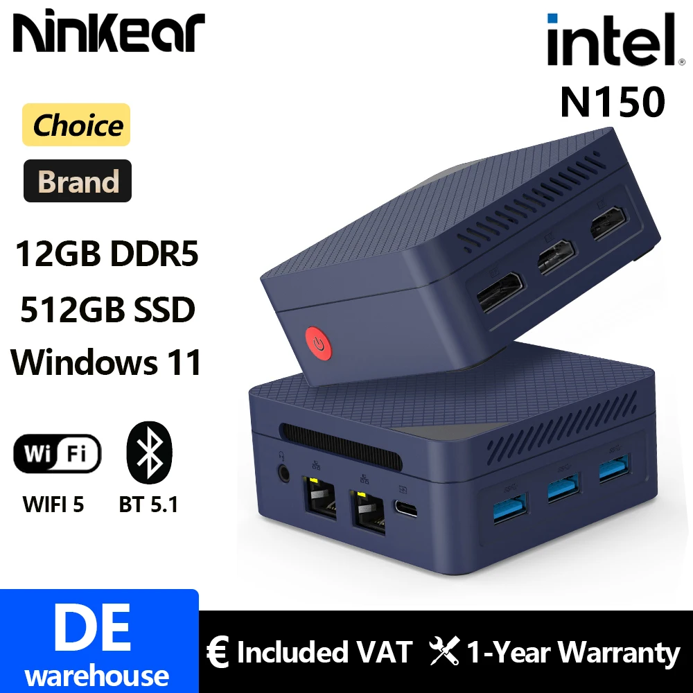 Ninkear G2 Pro Mini-PC Mini-Computer Intel N150 bis zu 3,6 GHz 12 GB DDR5 512 GB M.2 SSD Win11 Pro Desktop-Computer Mini-Desktop-PC