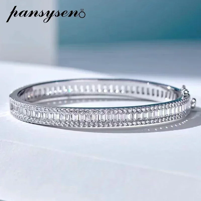 PANSYSEN Sparkling 925 Sterling Silver Simulated Moissanite Diamond Women Man Charm Bangle 18K White Gold Plated Chirstmas Gift