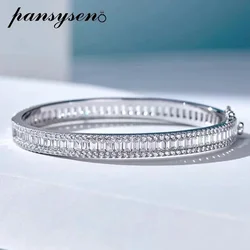 PANSYSEN Sparkling 925 Sterling Silver Simulated Moissanite Diamond Women Man Charm Bangle 18K White Gold Plated Chirstmas Gift