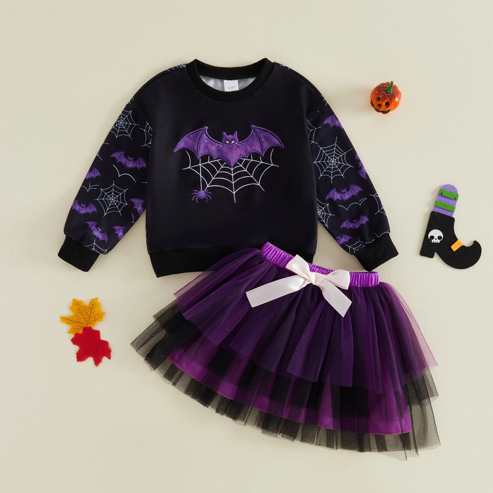 1-6Y Kids Girls Skirt Halloween Set Long Sleeve Bat Spider Web Sweatshirt with Tulle Mesh Skirt 2-piece Halloween Costume