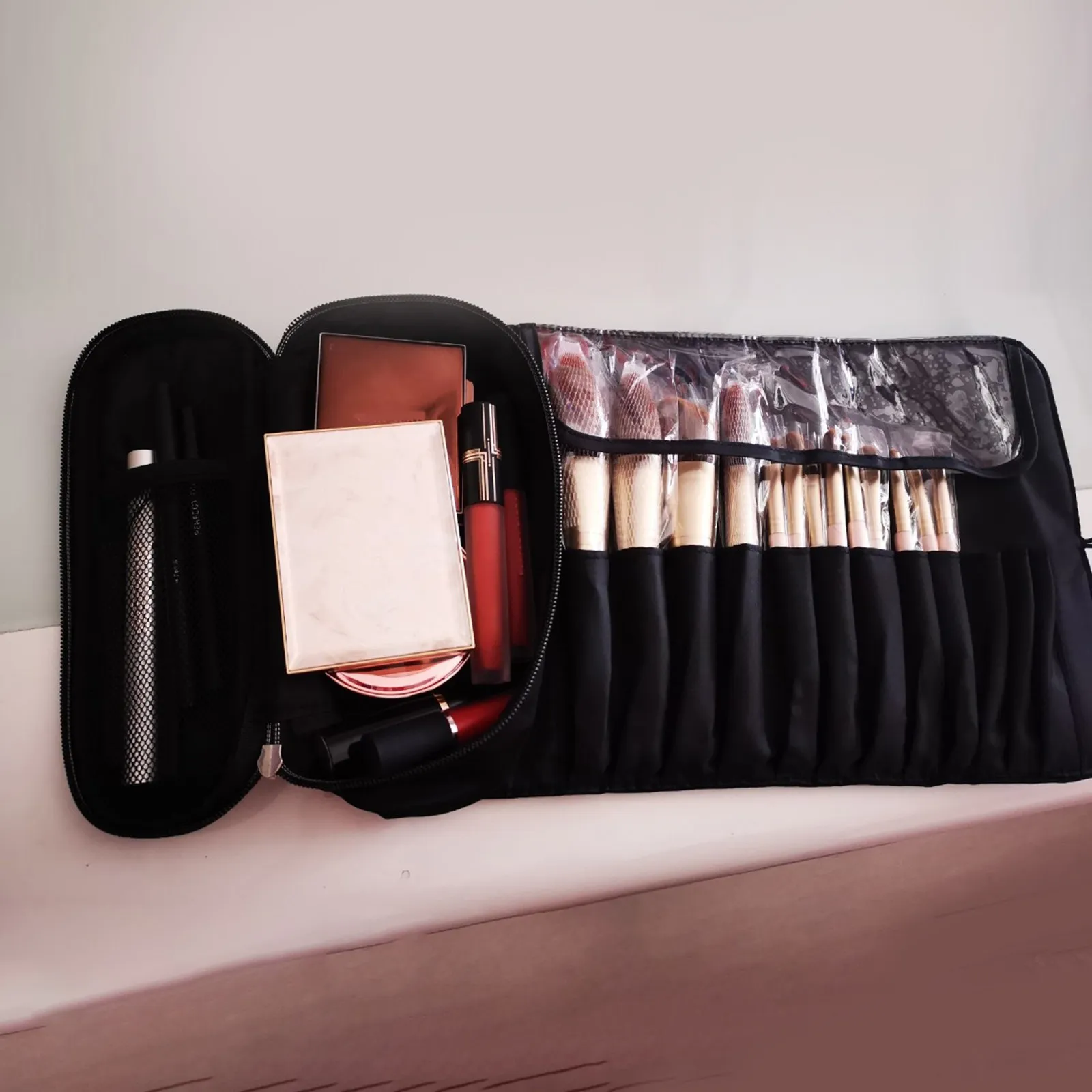 

Travel-Friendly Makeup Brush Roll Bag Large Flap Closure Thick Cushioned Fabric Protection Storage Pouch Rolling Wrap