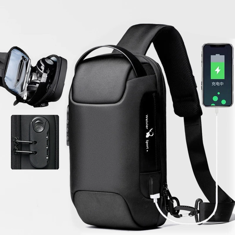 Tas bahu selempang USB tahan air pria, tas dada desainer modis, tas kurir perjalanan pendek anti-maling