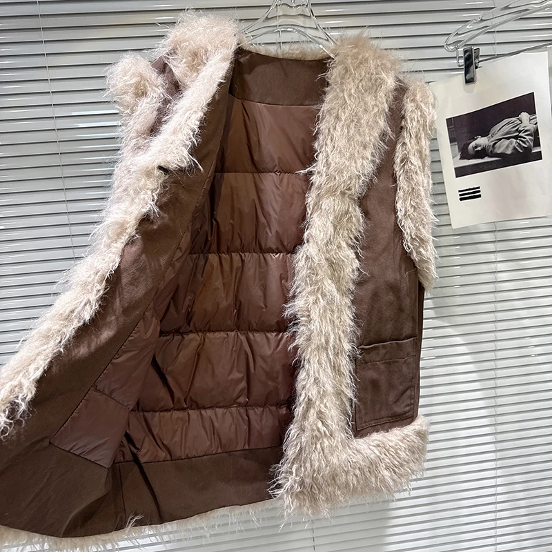 

Autumn Winter Retro Fuzz Splicing V Neck Down Vest Female Warm Pocket Waistcoats Women White Duck Down Sleeveless Cardigan Vests