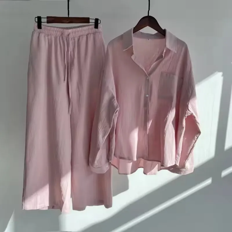 

Women's Casual Cotton Linen Shirt Two-piece Set Spring Elastic Waist Wide Leg Pants And Thin Long Sleeve Blouses Solid Suit