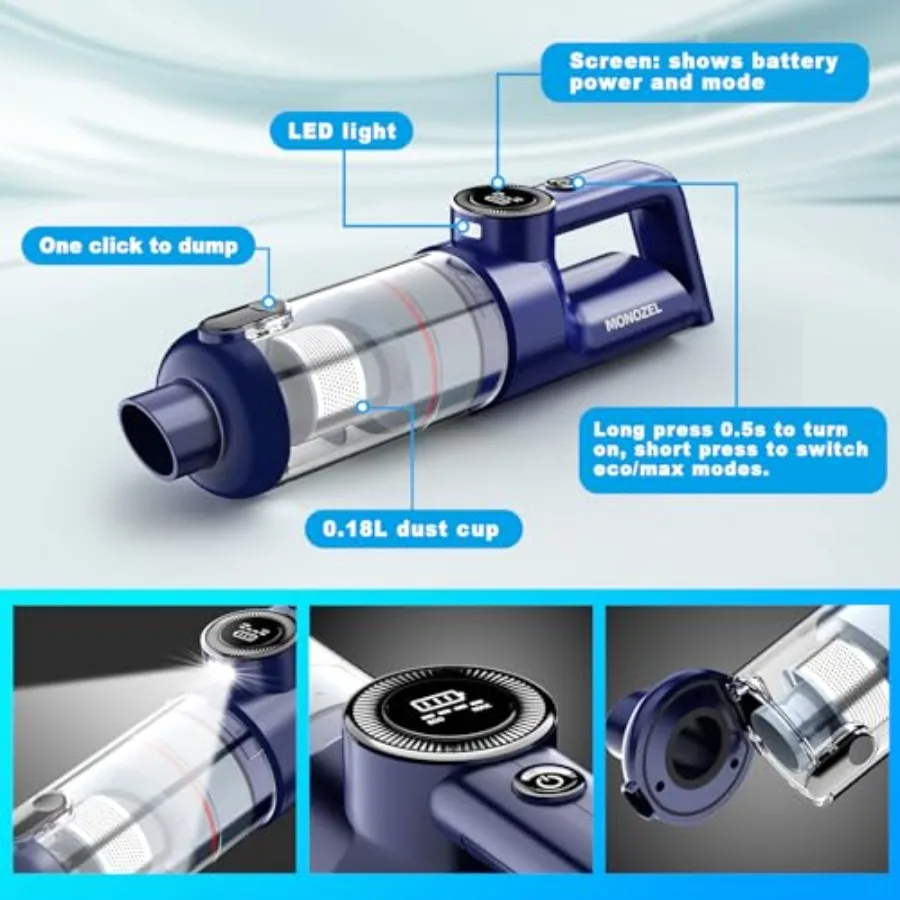 Handheld Vacuum Cordless - Car Vacuum Cleaner with Brushless Motor, 15kPa Powerful Suction Vacuum with LED Light, Type C Port, view 6