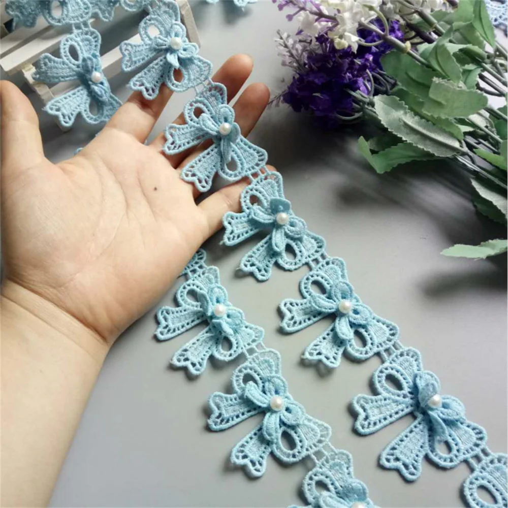 2 Yard Blue Butterfly Bowknot Pearl Embroidered Lace Trim Ribbon Fabric Sewing Craft Patchwork Handmade For Costume Decoration