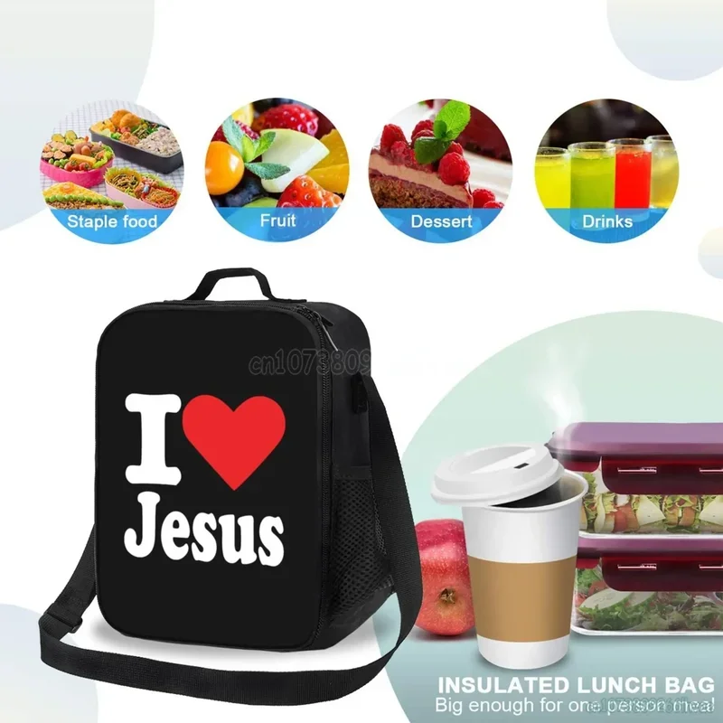 Sacola Isolada para Adultos e Crianças I Love Jesus, Reutilizável, Impermeável, À Prova de Vazamentos, Oxford Cooler, Bento Tote Bags com Alça de Ombro