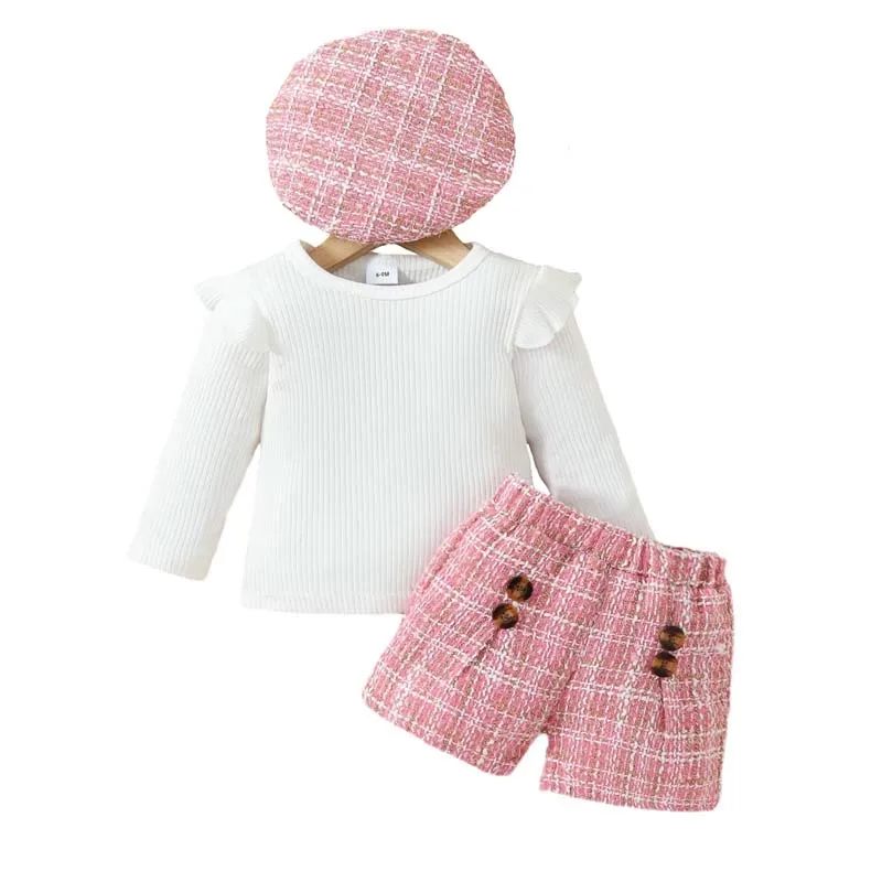 Toddler Baby Girls Clothes 3Pcs Set 6-24 Months Fly Sleeve Pit Stripe Tees Tops Plaid Shorts Hat Baby Girl Outfits 1-3 Years