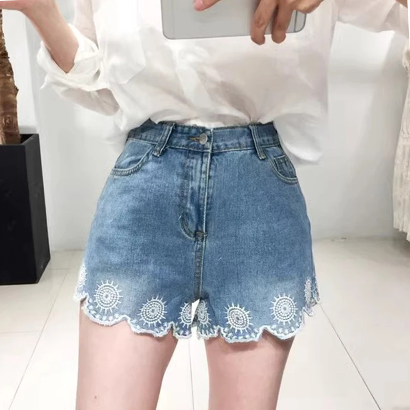 

Ele High Waist Wide Leg Jeans orts Women's Embroidered Lace Design Summer Faion Slimming Vintage Sle Blue Denim