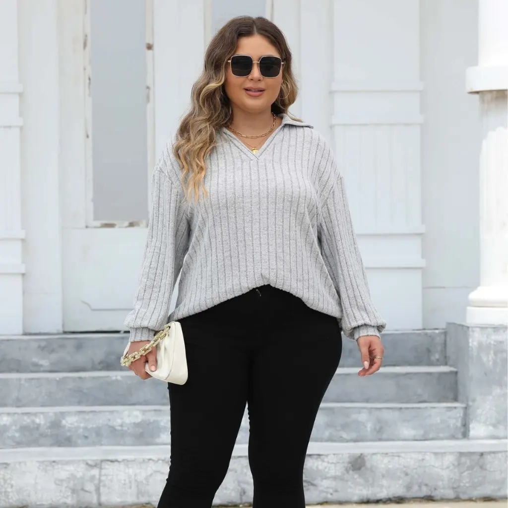 

Женский свитер с воротником-поло больших размеров, полосатая повседневная футболка в европейском и американском стиле F929