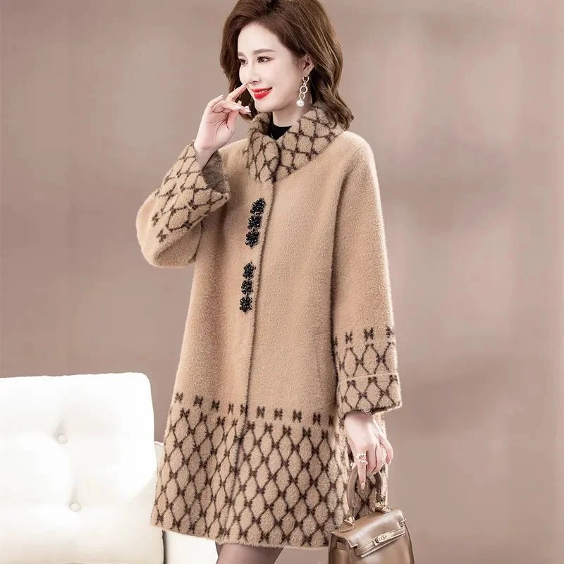 Middle Aged Mother New 2024 Imitation Mink Velvet Coat Women Autumn Winter Thicken Warm Woolen Coats Female Overcoat  Jacket