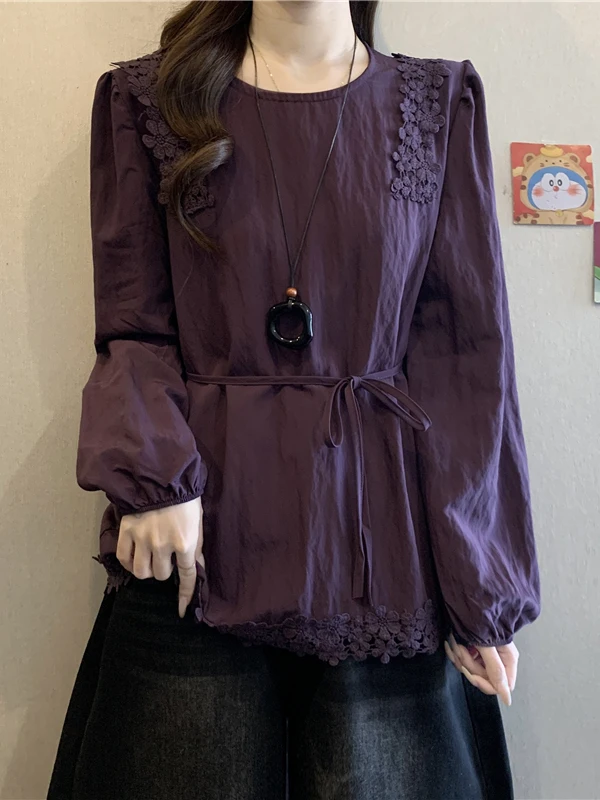 

Длинное платье с кружевной отделкой Ele Purple, весеннее, для женщин, больших размеров, с завязками на талии, в корейском стиле, для повседневной носки, модное