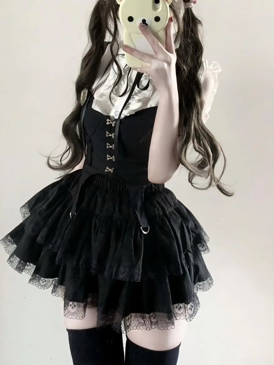 Gothic Punk Y2K Halloween Three-Piece Set Sleeveless Shirt Vest Strap Puffy Skirt Women's Fashion Ensemble Spring Summer Autumn