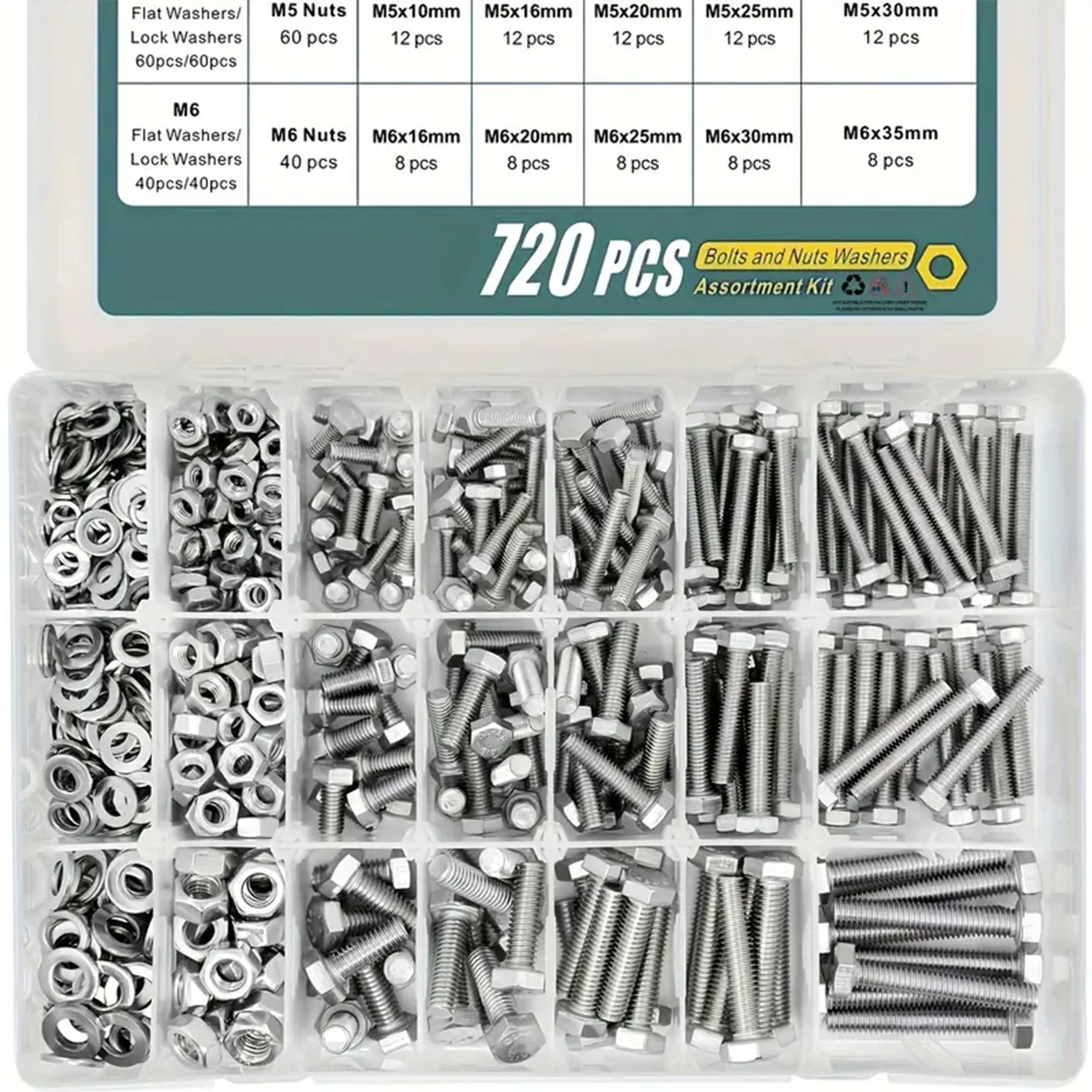 

720/1640 stainless steel bolt and nut set - M4, M5, M6 size matching hex screws, nuts and washers -