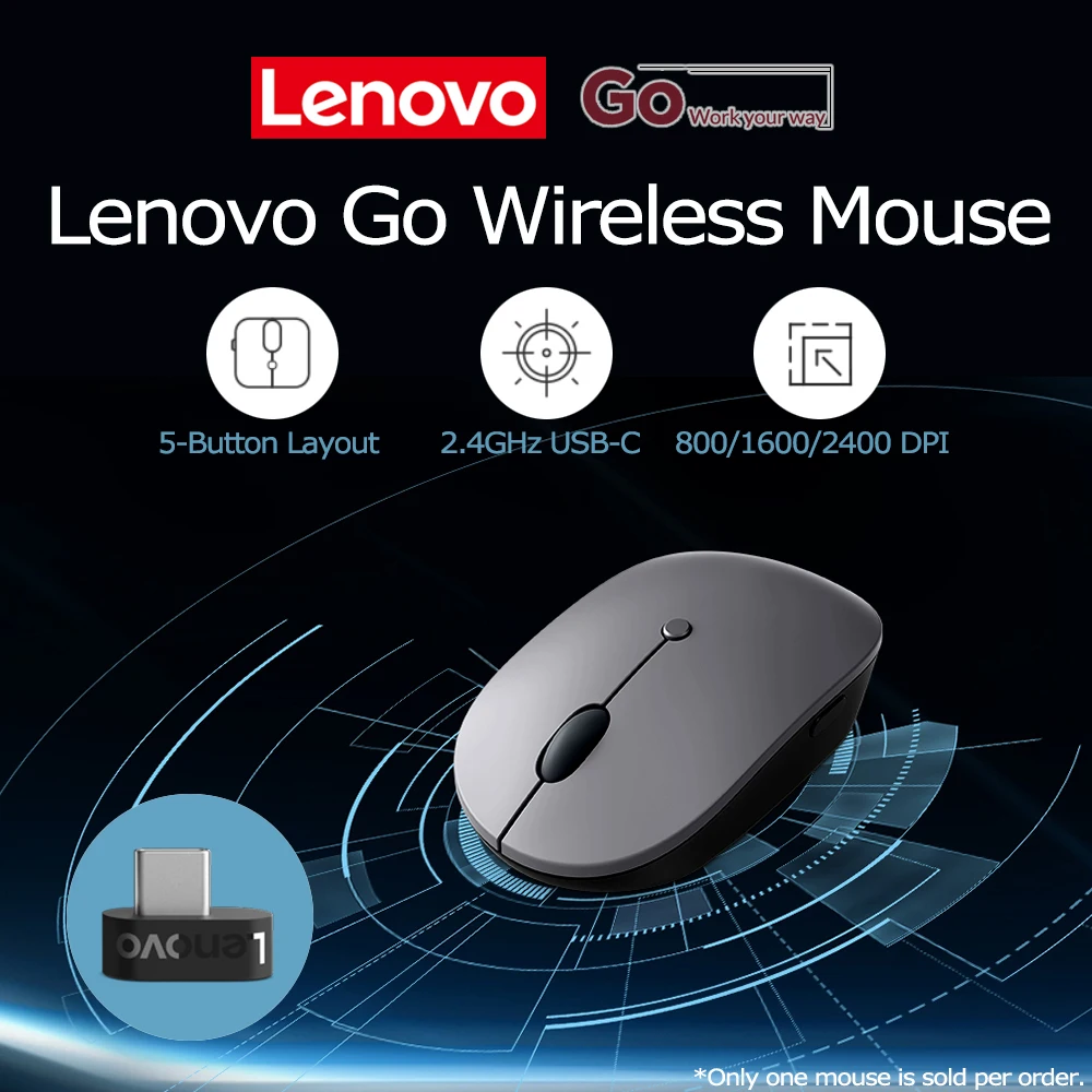 Lenovo Go USB-C Wireless Optical Mouse 2.4GHz 800 1600 2400 DPI Adjustable Type-C Rechargeable for PC Laptop Win10 Big Battery