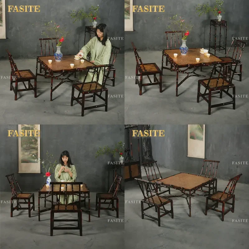 For Chinese Bamboo Furniture Set Coffee Table Small Chair Outdoor Square Tea Table Household Balcony Natural Durable Compact