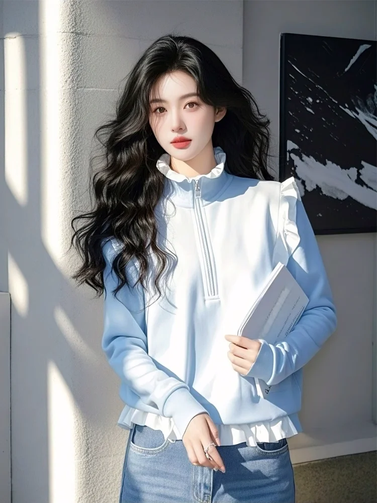 

Синяя толстовка в горошек для женщин, новая весенняя коллекция, модная, с красивыми деревянными элементами, свободного кроя, на молнии