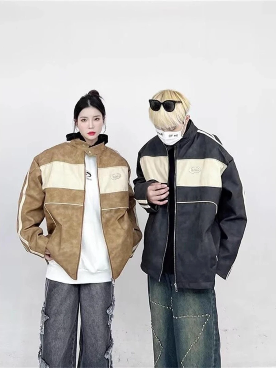 

Retro Waed Leather Jaet Men's Women's Loose Fit Stand Collar Contrast Color Motorcycle Sle Biker Coat Casual Spring
