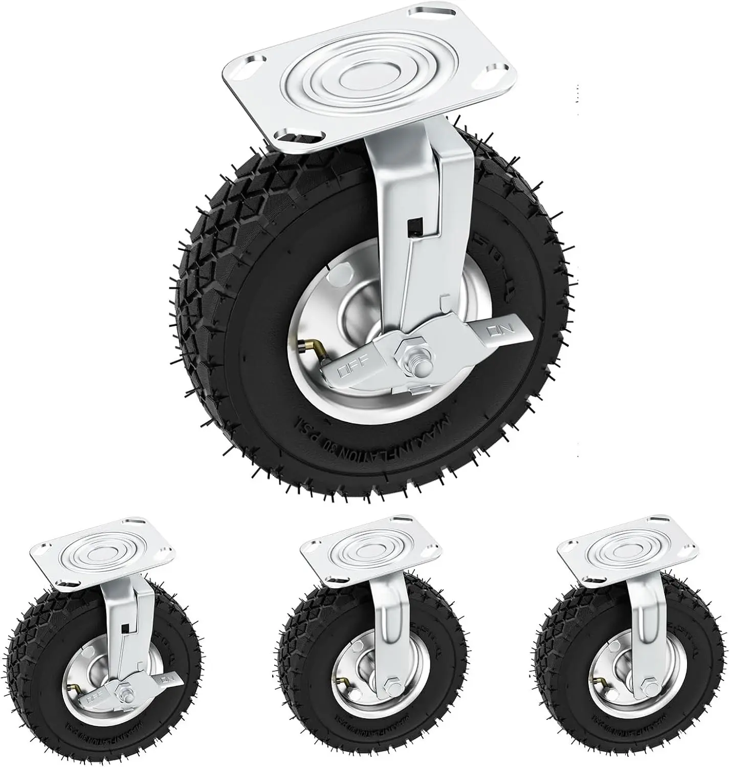 

10 Inch Pneumatic Casters Wheels, Heavy Duty Set of 4 with Brake, Locking Swivel for Workbench, Cart, Trolley