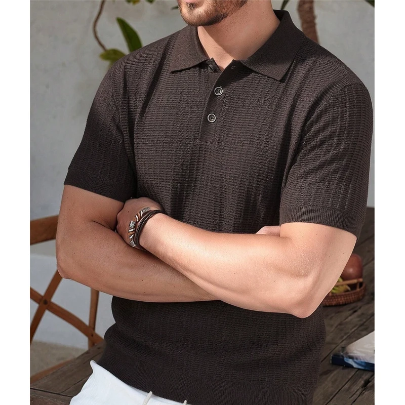 

US Size Mens Knit Top Shirt Men's Polo Shirts Short Sleeve Knit Shirts Casual Stretchy Golf Polo Old Money Commuter Polo Shirt