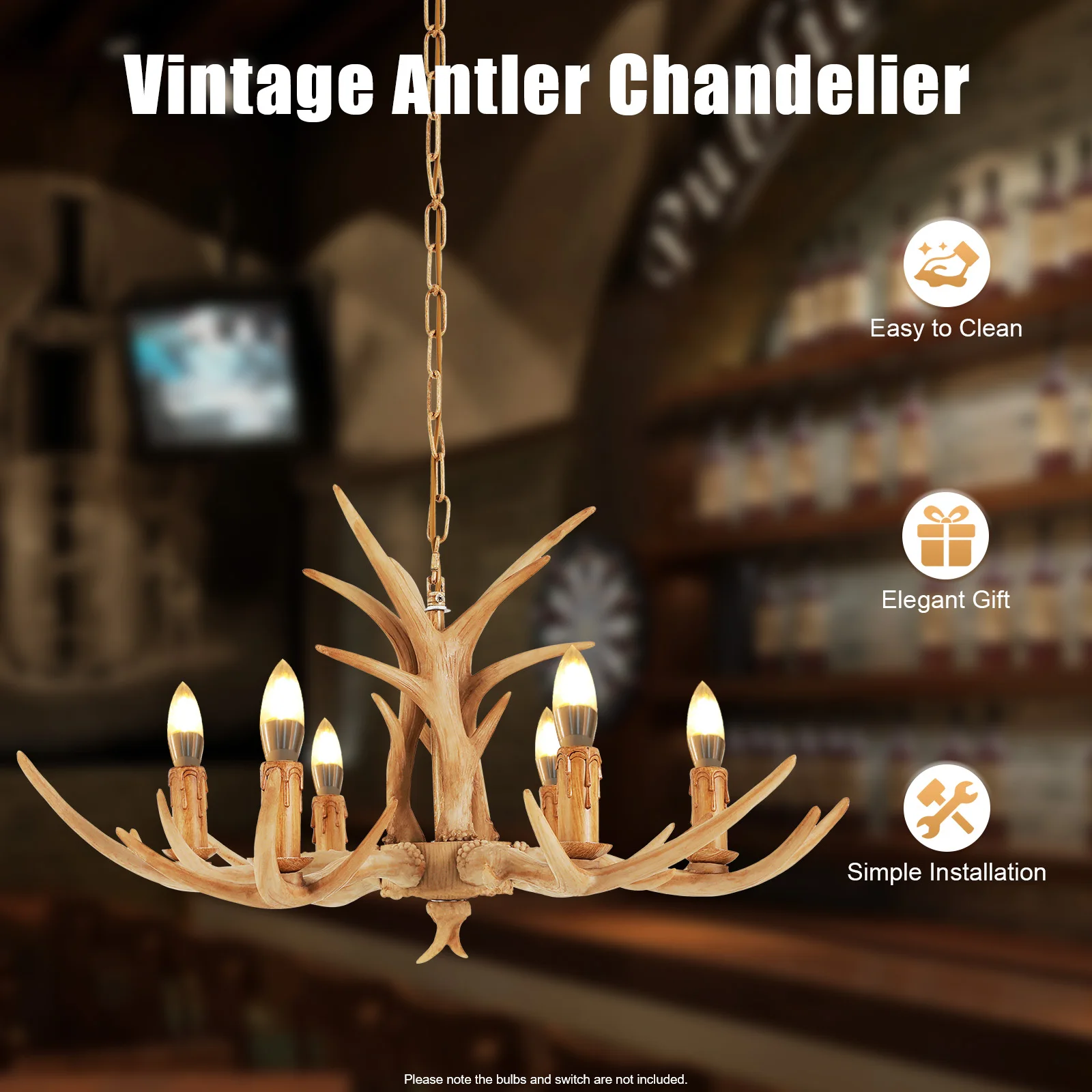 

Antler Chandelier Light 6-Light Rustic Resin Ceiling Fixture for Farmhouse Bedroom Living Room